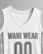 Close-up of V-neck collar and team name print on custom basketball jersey – Wani Wear