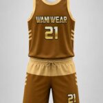 Custom brown and gold basketball uniform set with sublimated jersey and shorts, front view – Wani Wear