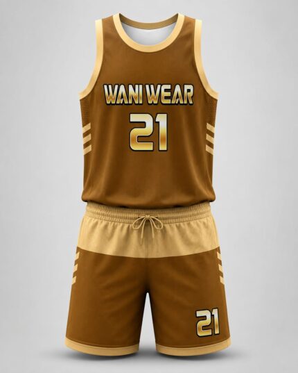 Custom brown and gold basketball uniform set with sublimated jersey and shorts, front view – Wani Wear
