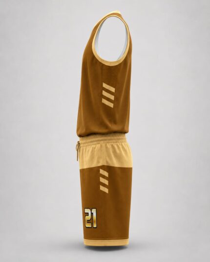 Side profile of custom sublimated basketball jersey and shorts showing mesh panel and stripe detail – Wani Wear