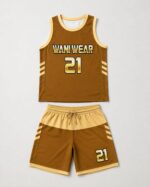 Flat lay of custom basketball jersey and shorts set in brown and gold colorway – Wani Wear