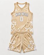 Gold basketball jersey and shorts complete flat-lay