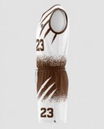 Side view of custom white and brown basketball jersey and shorts