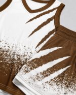 Custom white and brown basketball uniform with jersey and matching shorts