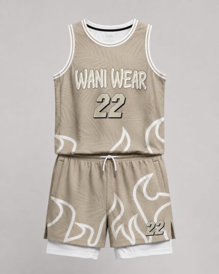 Custom khaki basketball jersey and shorts front view