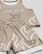 : Close-up of custom basketball jersey collar and logo print