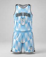 Sky blue custom basketball uniform complete front view