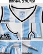 Custom sky blue basketball uniform stitching and detail view