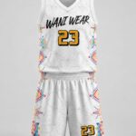Custom basketball uniform front view white jersey shorts Aztec print