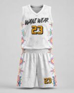Custom basketball uniform front view white jersey shorts Aztec print