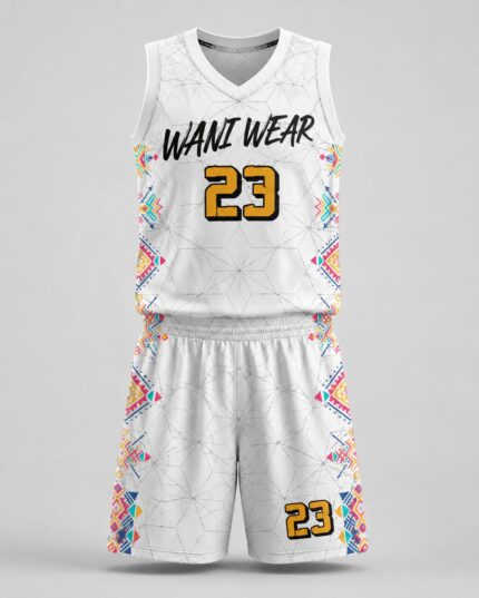 Custom basketball uniform front view white jersey shorts Aztec print