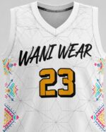 Custom basketball uniform white geometric texture Aztec side panel close up