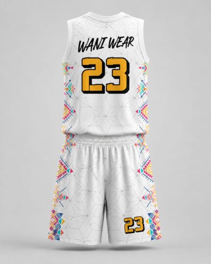 Custom basketball uniform back view white Aztec panel jersey shorts