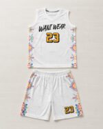 Custom basketball uniform set white jersey and shorts flat lay Aztec print
