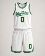 Custom white and green basketball uniform set front view