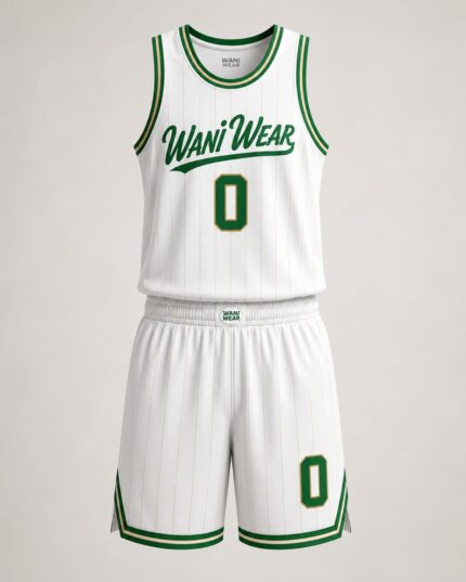Custom white and green basketball uniform set front view