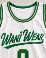 Close-up of custom basketball jersey neckline and team branding