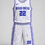 Custom blue and white basketball shorts waistband and stitching close-up