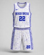 Custom blue and white basketball shorts waistband and stitching close-up
