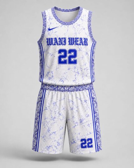 Custom blue and white basketball shorts waistband and stitching close-up