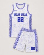 Blue and white custom basketball jersey and shorts set