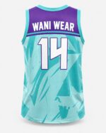 Custom teal purple basketball jersey collar and logo close-up