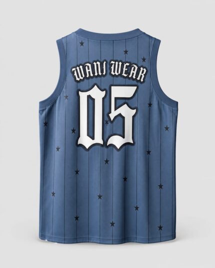 Custom basketball jersey back view number 05 blue pinstripe