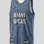 Custom basketball jersey front view woven patch blue pinstripe