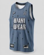 Custom basketball jersey front view woven patch blue pinstripe