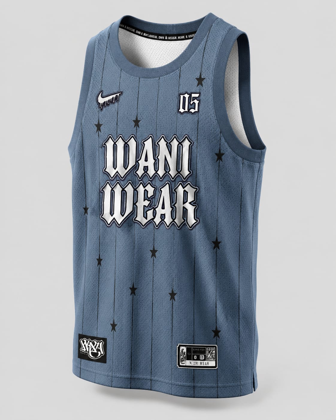Custom Basketball Jersey – Front View With Woven Patches Custom basketball jersey front view woven patch blue pinstripe