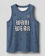 Custom basketball jersey flat lay blue pinstripe star print