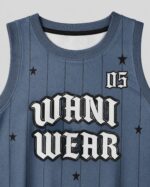 Custom basketball jersey blue pinstripe collar Gothic lettering close up
