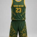 Custom basketball uniform front view jersey and shorts green gold