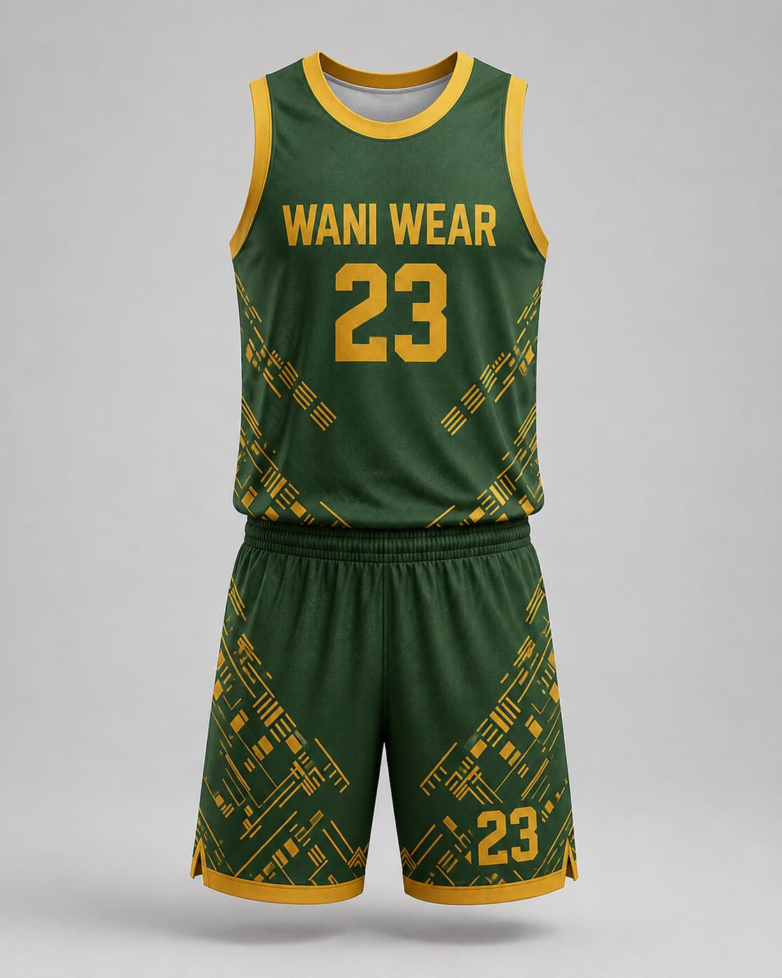 Custom Basketball Uniform Set – Front View Custom basketball uniform front view jersey and shorts green gold