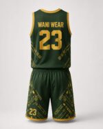 Custom basketball uniform back view jersey and shorts green gold
