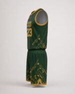 Custom basketball uniform side view green gold mesh jersey