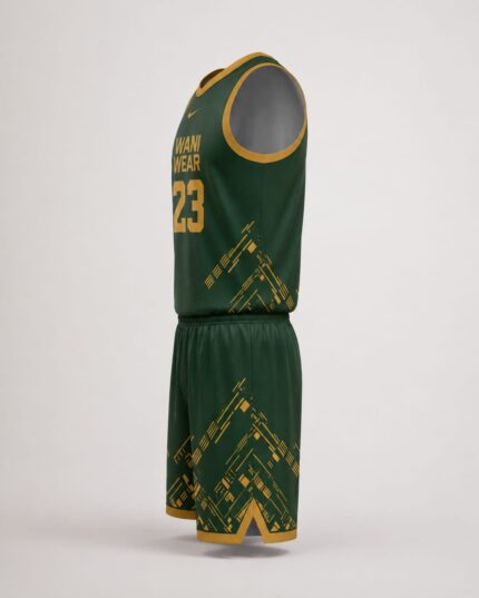 Custom basketball uniform side view green gold mesh jersey