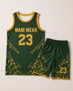Custom basketball uniform set green gold jersey and shorts flat lay