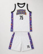 Custom basketball uniform set jersey and shorts flat lay