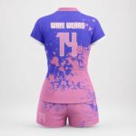 Back view of purple and pink women’s volleyball uniform