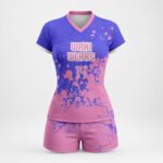 Custom purple and pink women’s volleyball jersey and shorts set