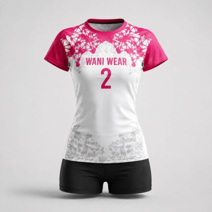Custom pink and white women’s volleyball uniform set