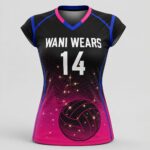 Front view of sublimated custom women’s volleyball jersey with number 14