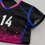 Close-up of breathable volleyball jersey fabric with custom team name and number