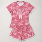 Custom pink women’s volleyball jersey and shorts set