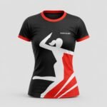 Front view of custom sublimated women’s volleyball jersey in black, red and white