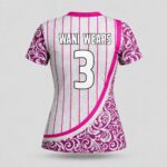 Back view of women’s volleyball jersey customized with team name and number