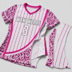 Custom women’s volleyball team jersey flat-lay showing fabric panels and seams