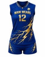 Royal blue and gold women's volleyball jersey and shorts set laid flat