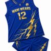 Custom women's volleyball uniform jersey close-up with gold V-neck trim and lightning bolt print